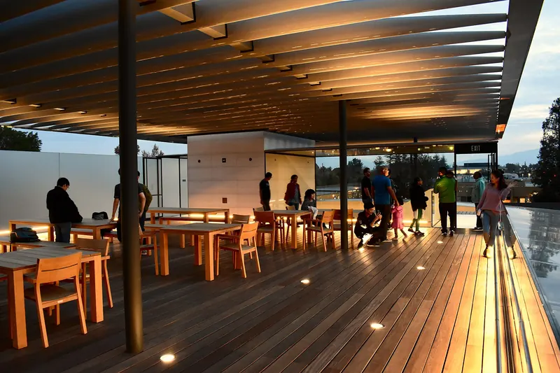 The covered terrace of the Apple Park Visitor Center in Cupertino