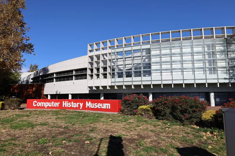 The glass front of the Computer History Museum in Mountain View