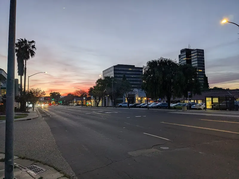 Campbell Avenue at sunset, across from the Pruneyard in Campbell