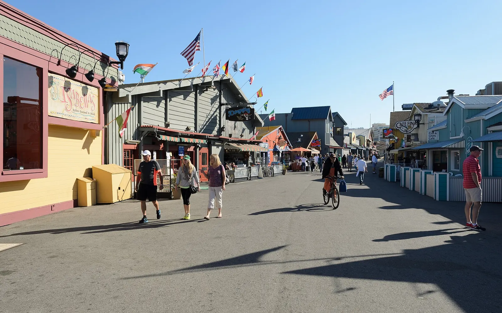 Shops and restaurants along Old Fisherman's Wharf in Monterey on a sunny day