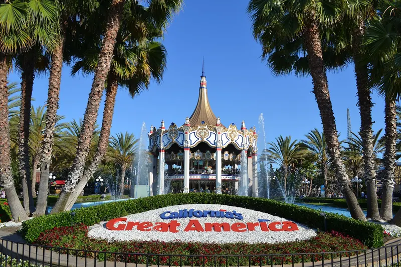 The carousel and entrance gardens at California's Great America in Santa Clara