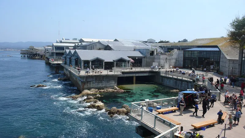 The Monterey Bay Aquarium buildings and tide pool deck on the rocky shore of Monterey Bay