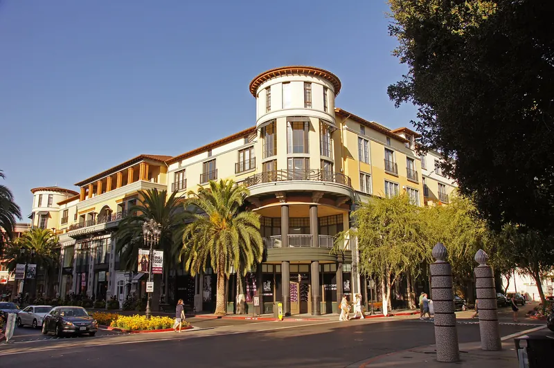 The Hotel Valencia and palm-lined street at Santana Row in San Jose